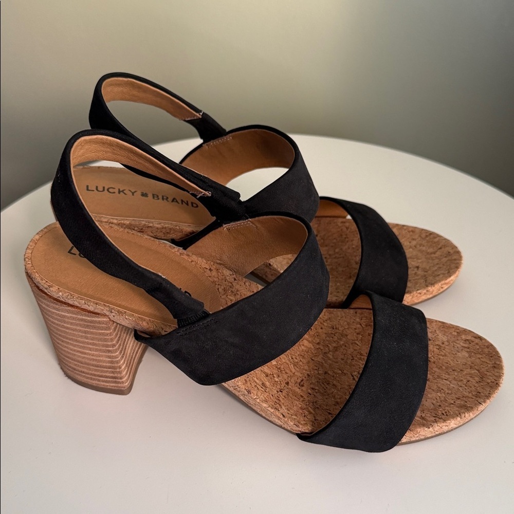 Lucky Brand Jobina Heel Sandal leather upper cork midsole stacked block heel EUC - Picture 11 of 16